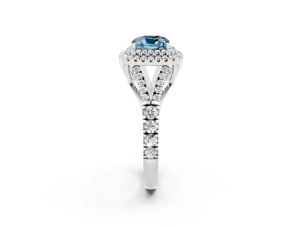 Platinum Double Halo Cushion Cut Aquamarine Pavé Split Shank Ring with Prong Setting