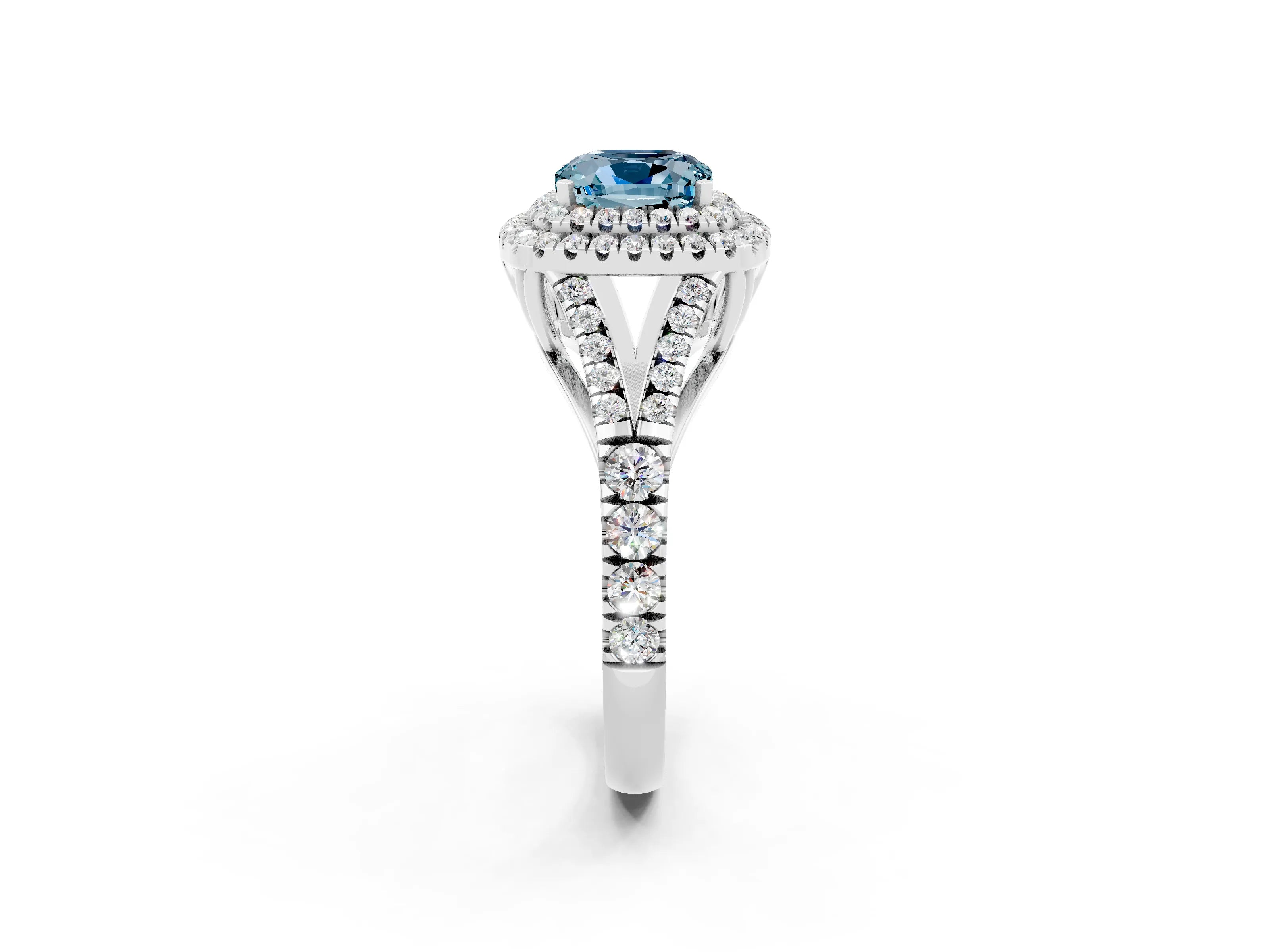 White gold Double Halo Cushion Cut Aquamarine Pavé Split Shank Ring with Prong Setting_2