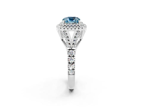 White gold Double Halo Cushion Cut Aquamarine Pavé Split Shank Ring with Prong Setting_2