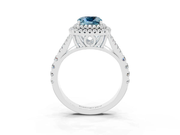 Silver Double Halo Cushion Cut Aquamarine Pavé Split Shank Ring with Prong Setting