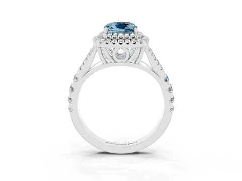 White gold Double Halo Cushion Cut Aquamarine Pavé Split Shank Ring with Prong Setting_3