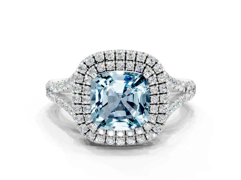 White gold Double Halo Cushion Cut Aquamarine Pavé Split Shank Ring with Prong Setting