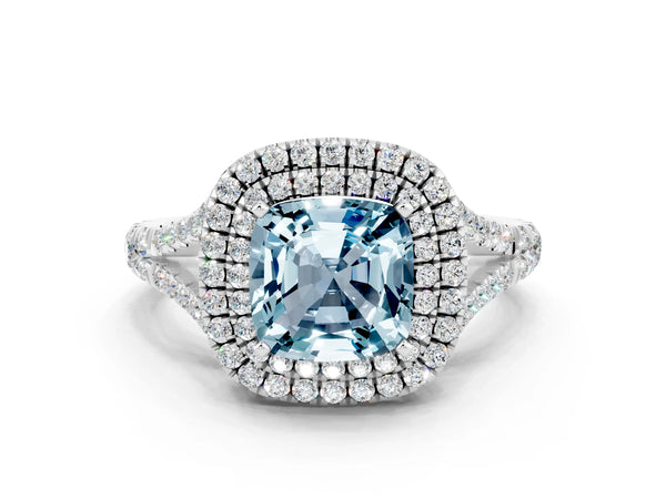 Platinum Double Halo Cushion Cut Aquamarine Split Shank Engagement Ring with Four-Prong Setting