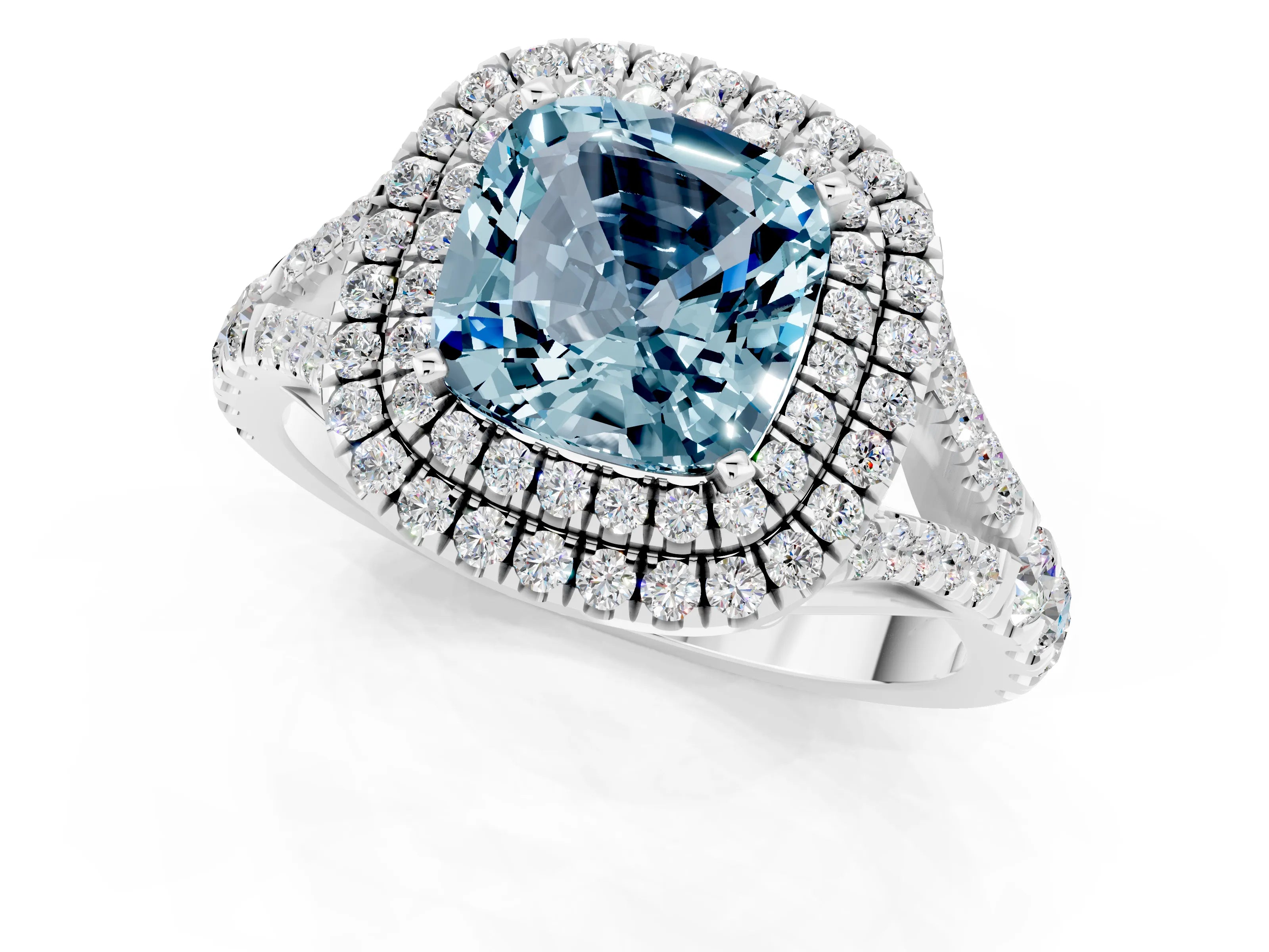 White gold Double Halo Cushion Cut Aquamarine Split Shank Engagement Ring with Four-Prong Setting_1