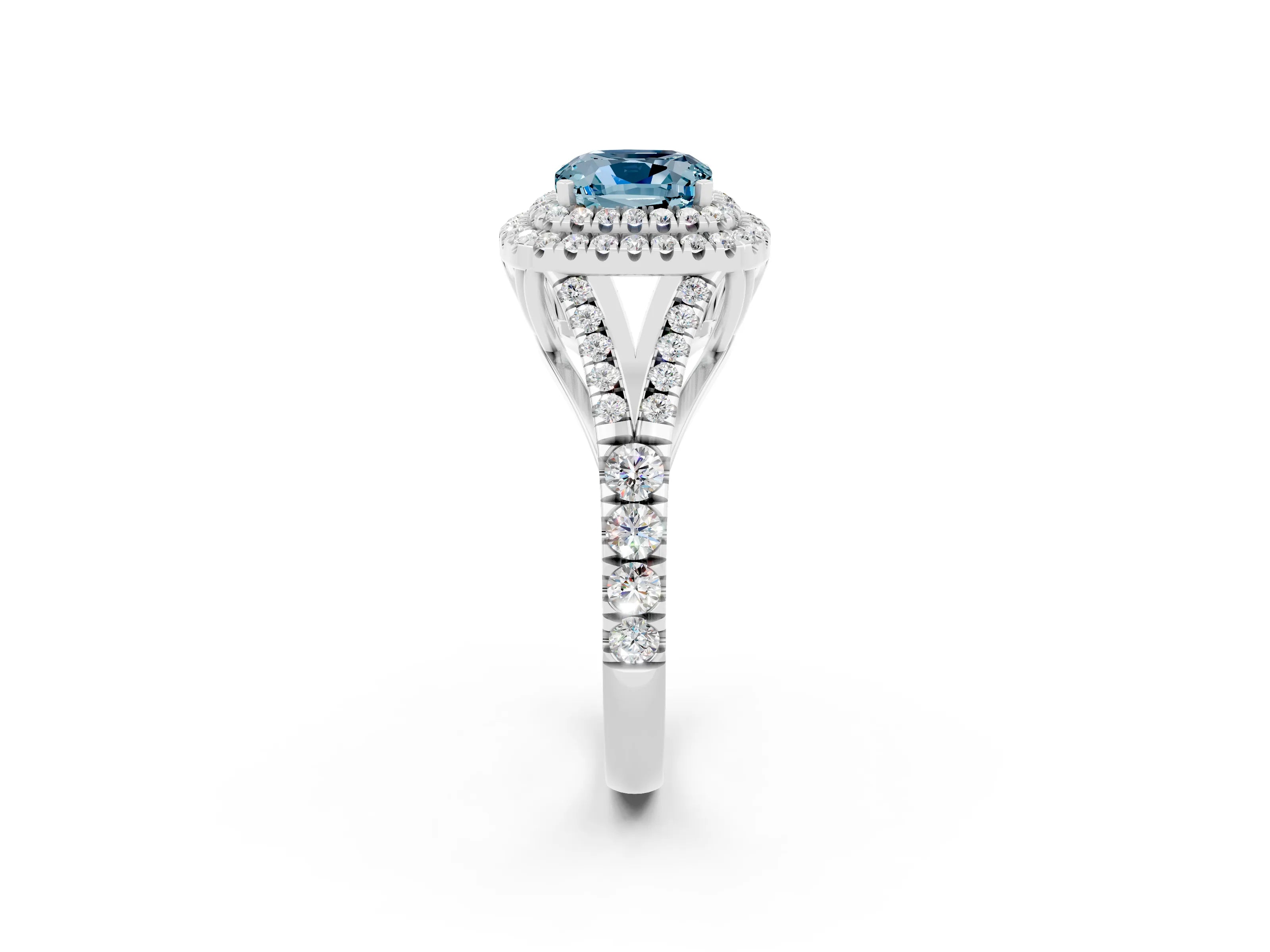 White gold Double Halo Cushion Cut Aquamarine Split Shank Engagement Ring with Four-Prong Setting_2