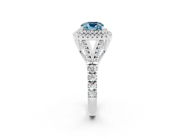 Silver Double Halo Cushion Cut Aquamarine Split Shank Engagement Ring with Four-Prong Setting