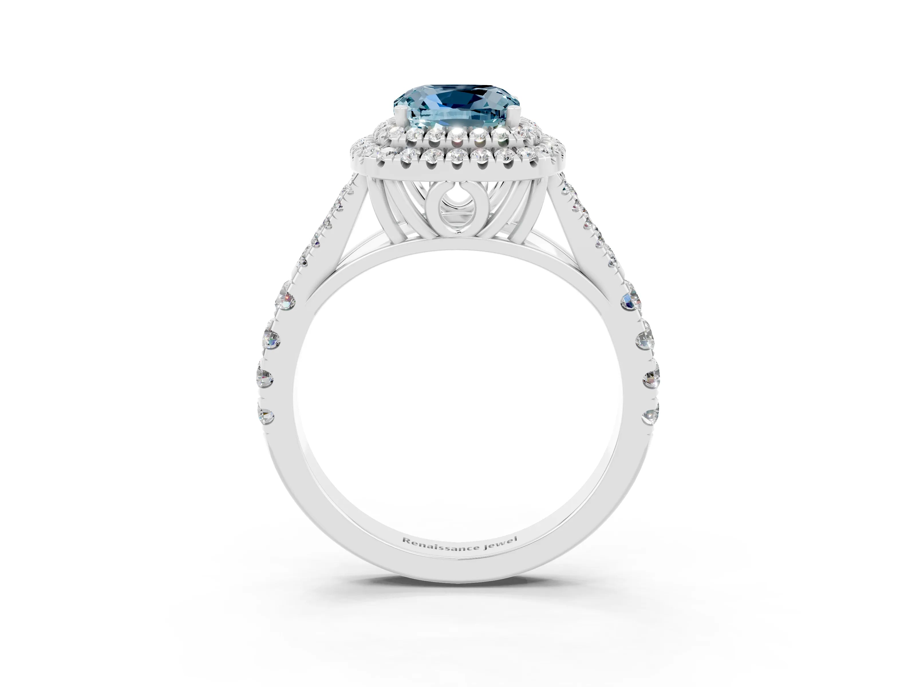 White gold Double Halo Cushion Cut Aquamarine Split Shank Engagement Ring with Four-Prong Setting_3