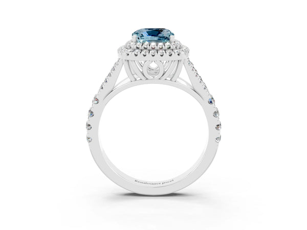 Platinum Double Halo Cushion Cut Aquamarine Split Shank Engagement Ring with Four-Prong Setting