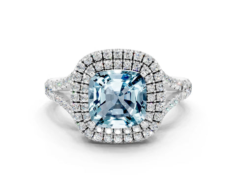 White gold Double Halo Cushion Cut Aquamarine Split Shank Engagement Ring with Four-Prong Setting