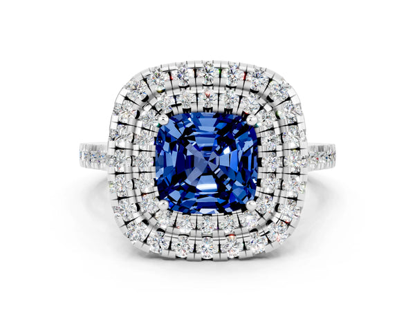 Platinum Double Halo Cushion Cut Blue Sapphire Pavé Band with Four-Prong Setting