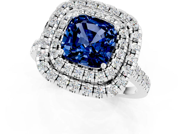 Silver Double Halo Cushion Cut Blue Sapphire Pavé Band with Four-Prong Setting