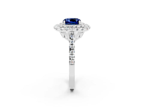White gold Double Halo Cushion Cut Blue Sapphire Pavé Band with Four-Prong Setting_2