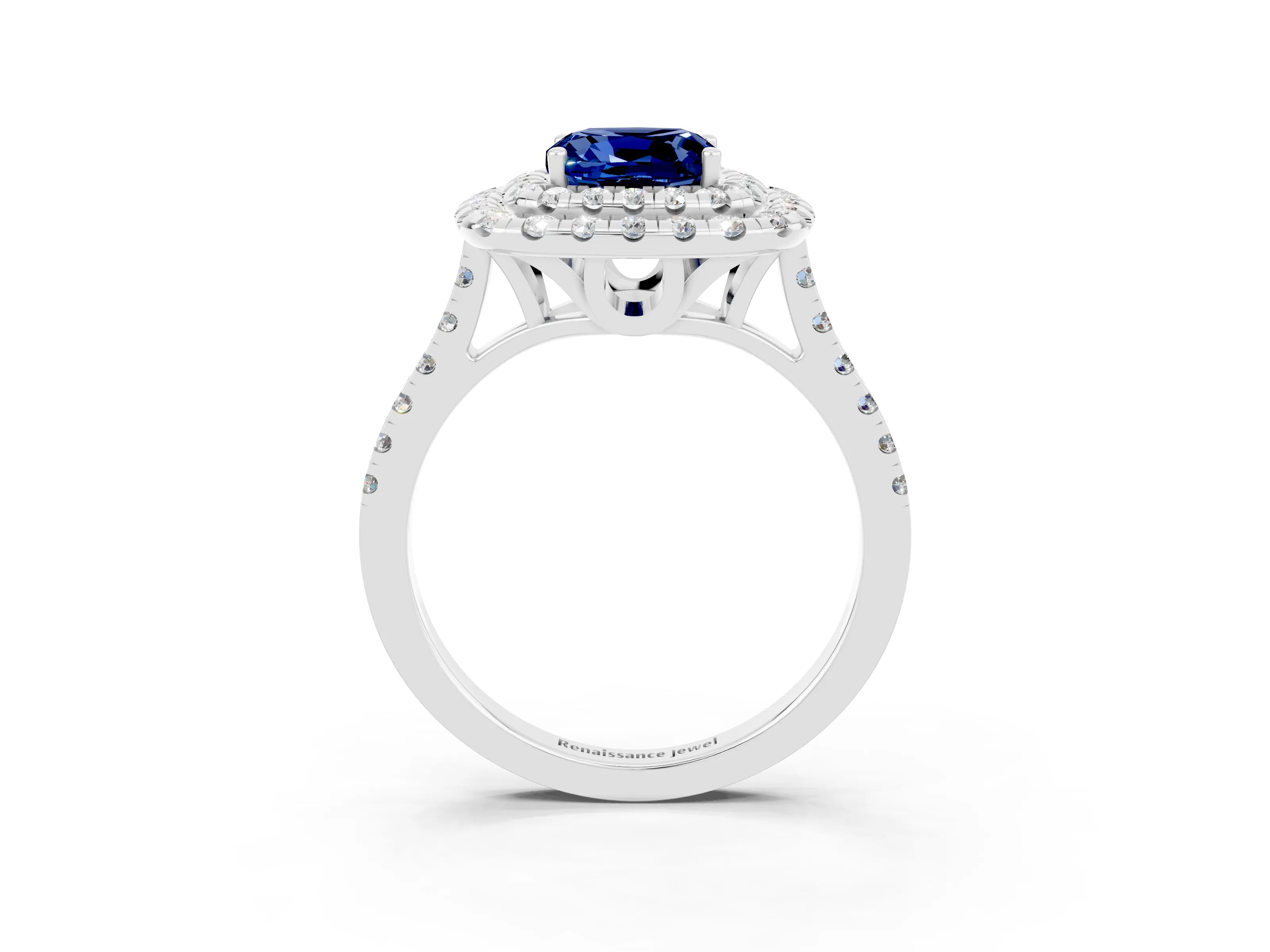 White gold Double Halo Cushion Cut Blue Sapphire Pavé Band with Four-Prong Setting_3