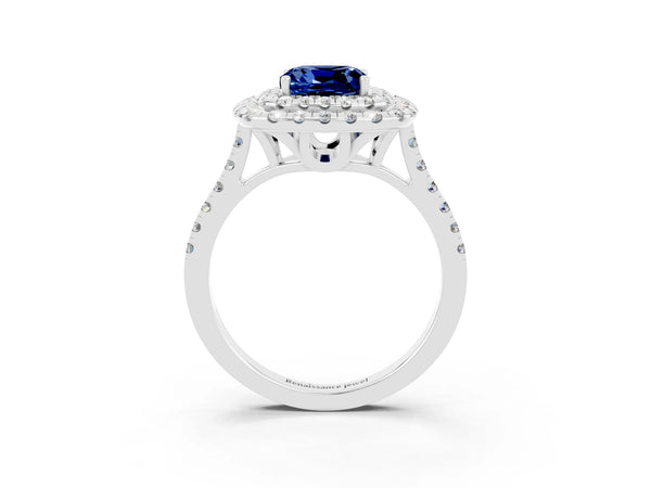 Platinum Double Halo Cushion Cut Blue Sapphire Pavé Band with Four-Prong Setting