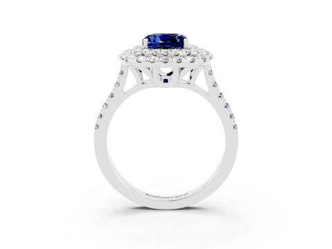 White gold Double Halo Cushion Cut Blue Sapphire Pavé Band with Four-Prong Setting_3