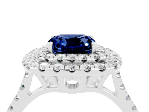 White gold Double Halo Cushion Cut Blue Sapphire Pavé Band with Four-Prong Setting_4