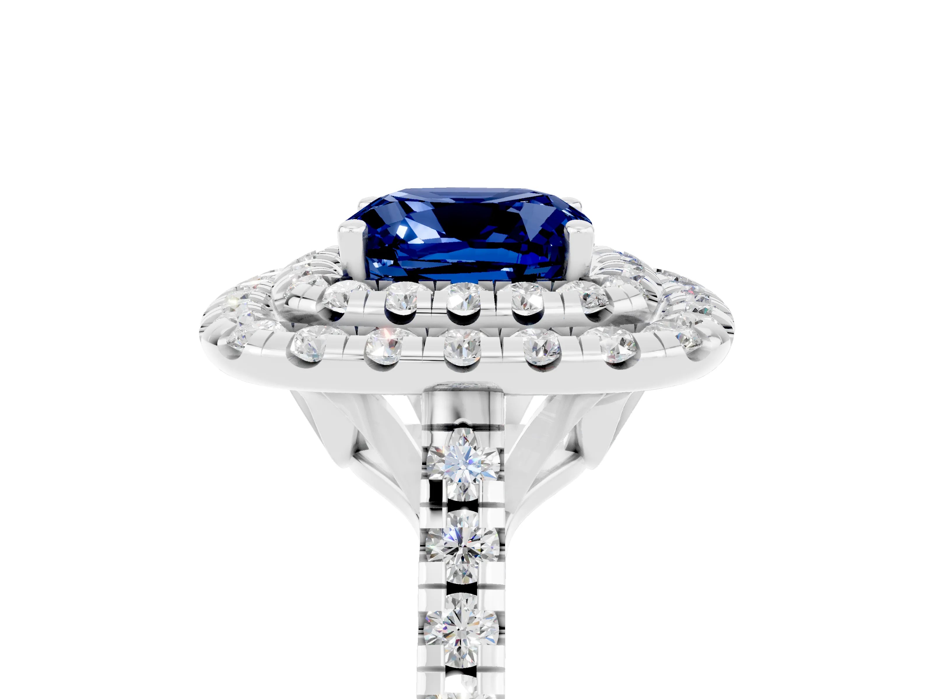 White gold Double Halo Cushion Cut Blue Sapphire Pavé Band with Four-Prong Setting_5