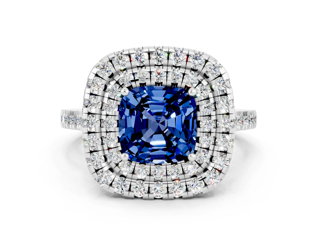 White gold Double Halo Cushion Cut Blue Sapphire Pavé Band with Four-Prong Setting