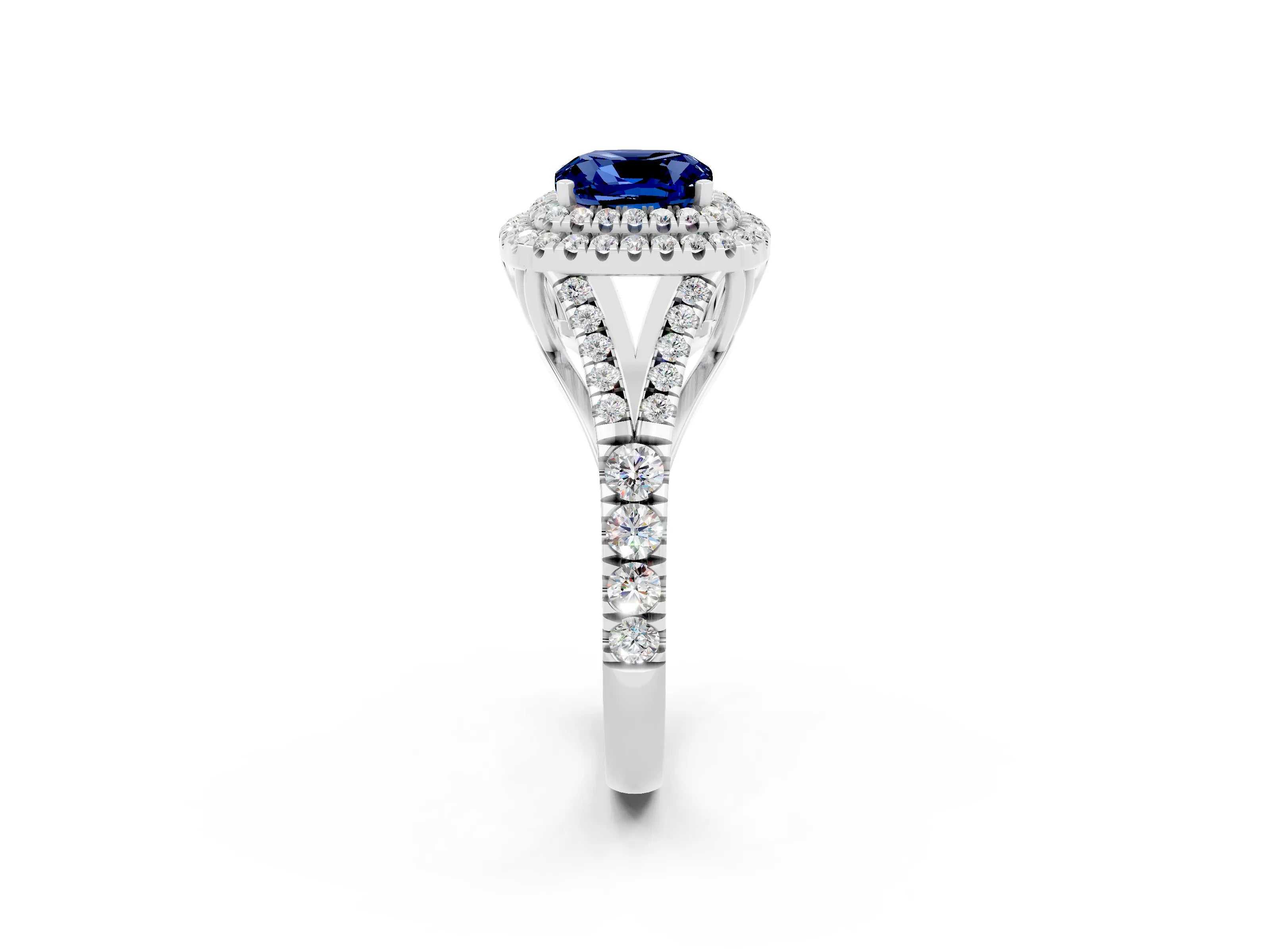 White gold Double Halo Cushion Cut Blue Sapphire Pavé Split Shank Ring with Prong Setting_2