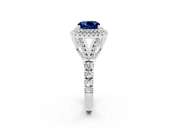 Platinum Double Halo Cushion Cut Blue Sapphire Pavé Split Shank Ring with Prong Setting