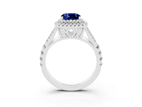 White gold Double Halo Cushion Cut Blue Sapphire Pavé Split Shank Ring with Prong Setting_3