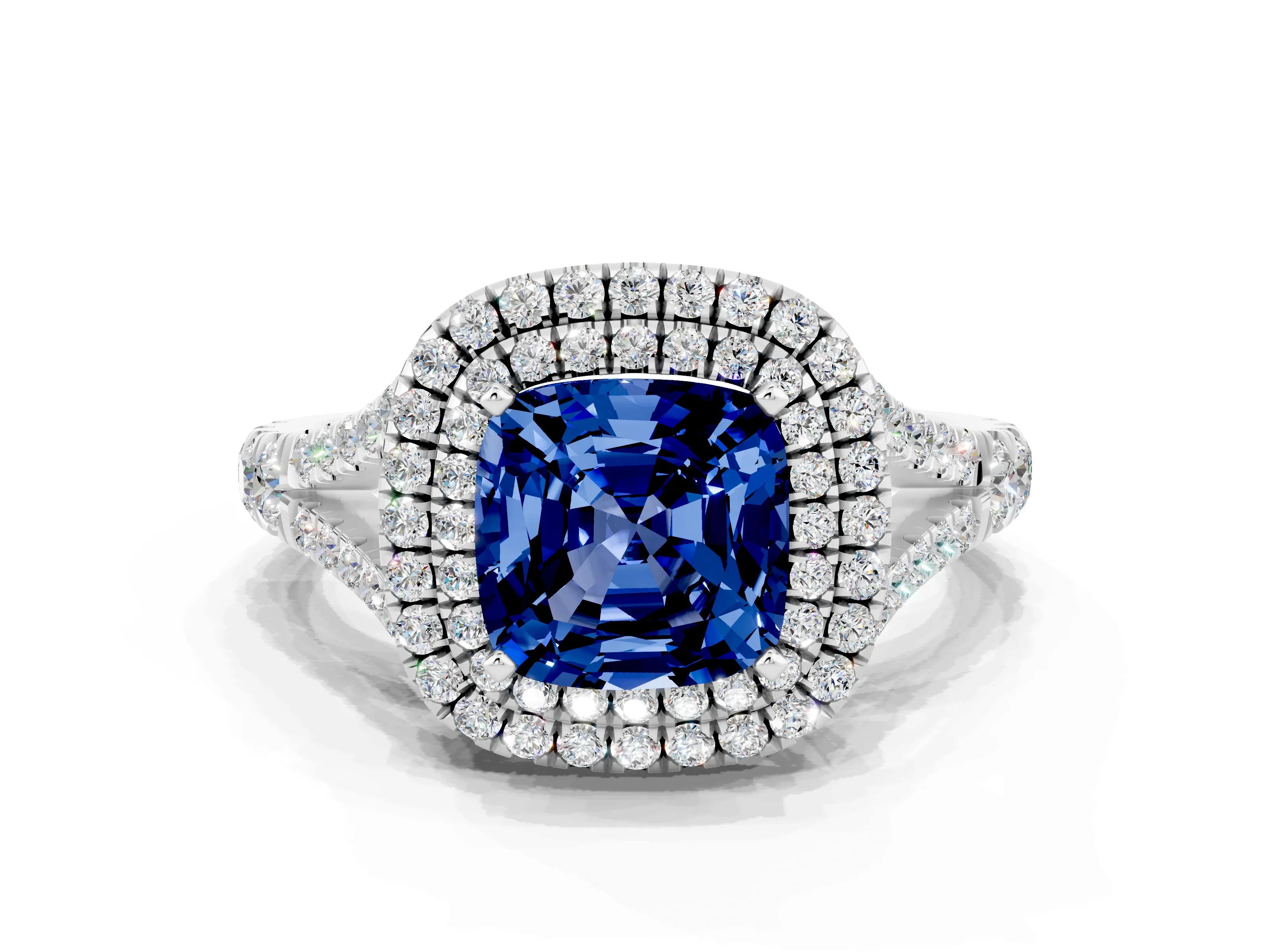 White gold Double Halo Cushion Cut Blue Sapphire Pavé Split Shank Ring with Prong Setting