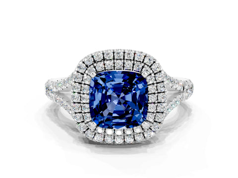 White gold Double Halo Cushion Cut Blue Sapphire Pavé Split Shank Ring with Prong Setting