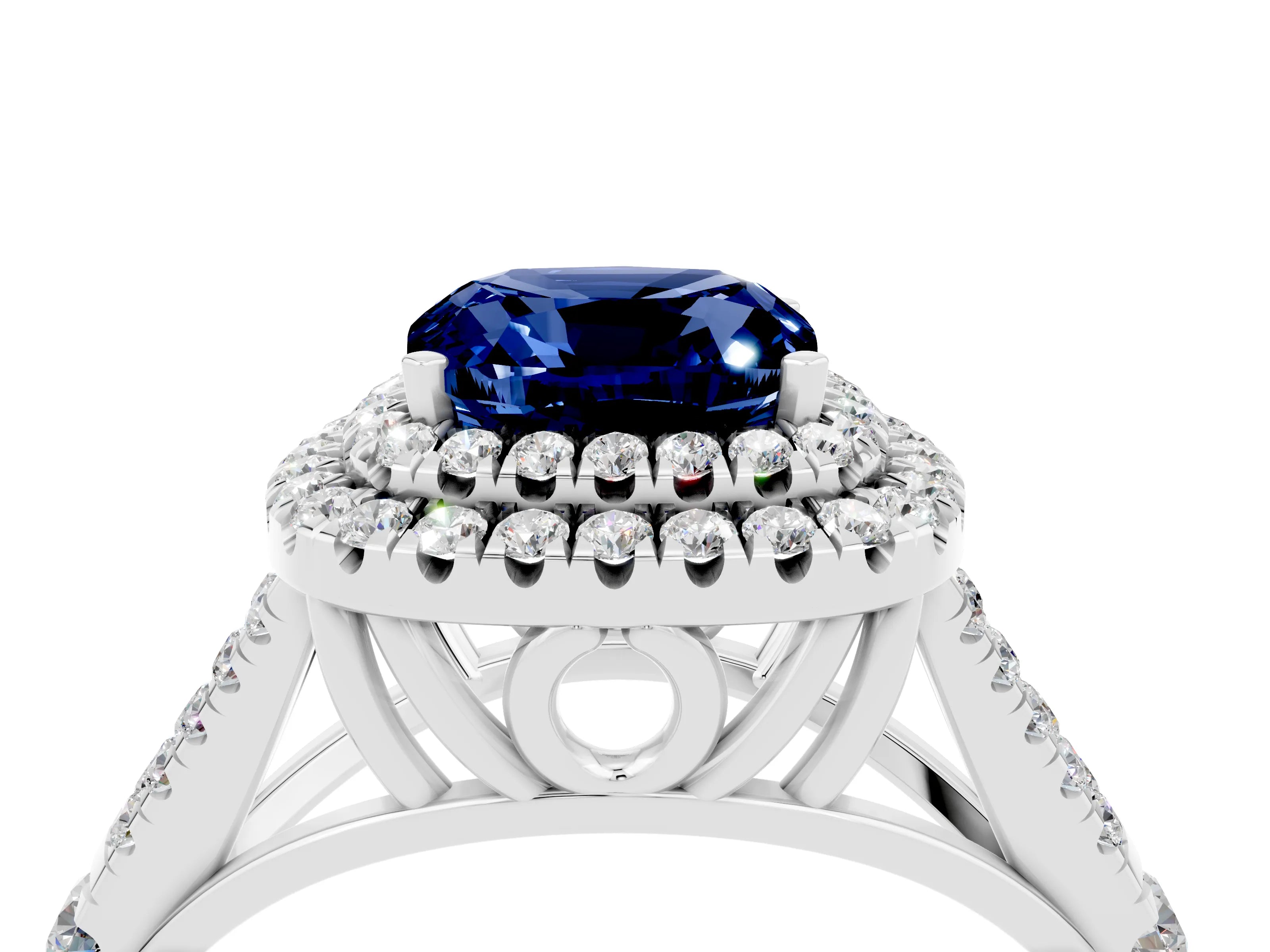 White gold Double Halo Cushion Cut Blue Sapphire Pavé Split Shank Ring with Prong Setting_4