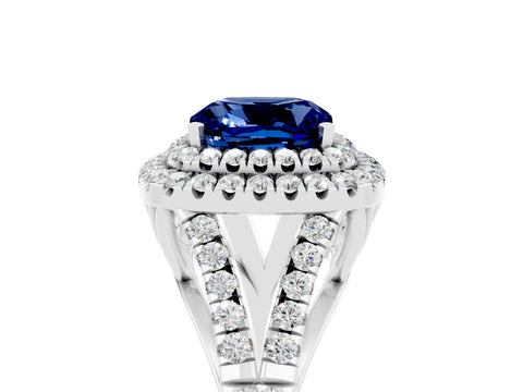 White gold Double Halo Cushion Cut Blue Sapphire Pavé Split Shank Ring with Prong Setting_5