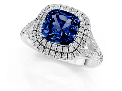 White gold Double Halo Cushion Cut Blue Sapphire Split Shank Engagement Ring with Four-Prong Setting_1