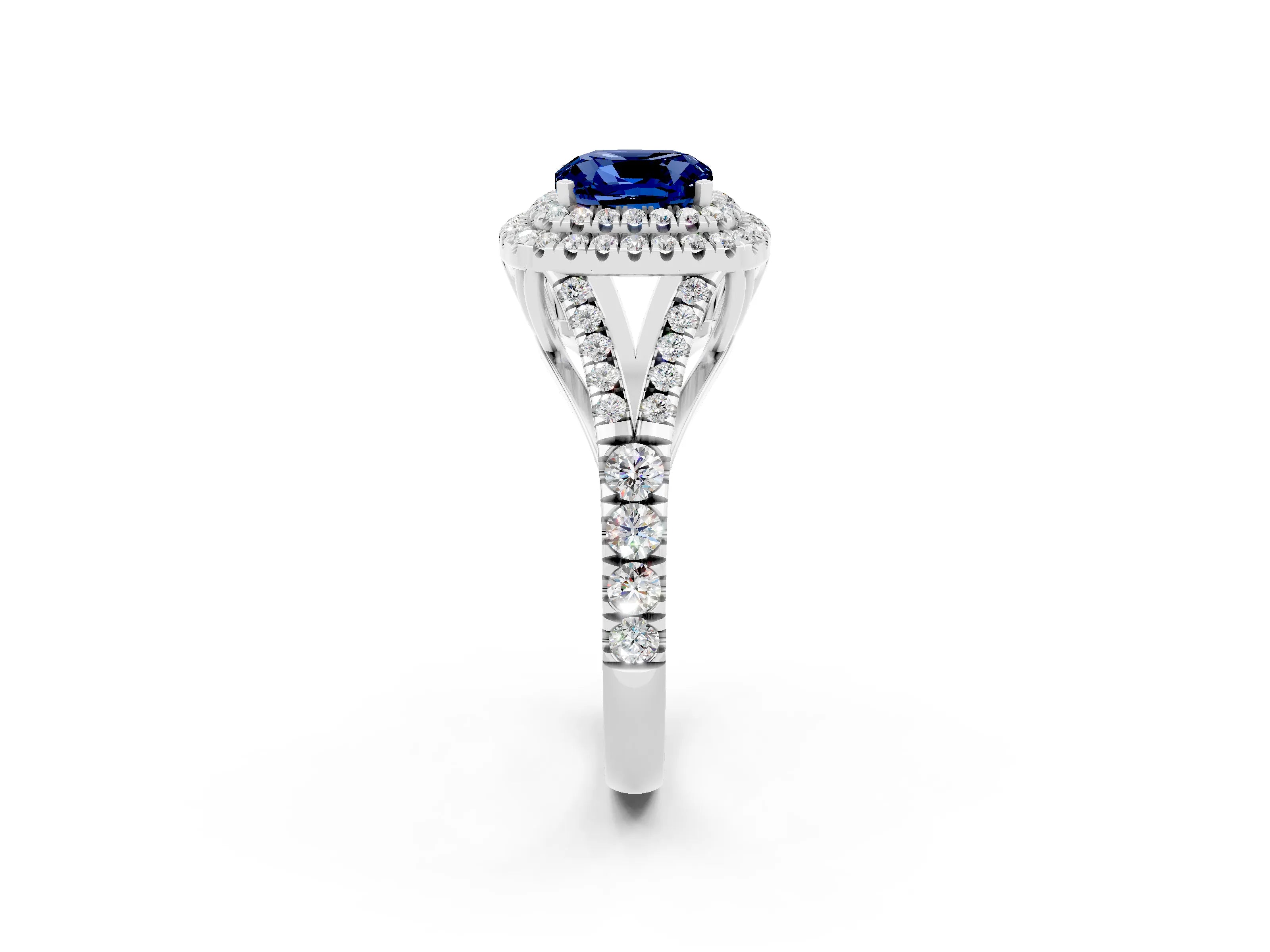 White gold Double Halo Cushion Cut Blue Sapphire Split Shank Engagement Ring with Four-Prong Setting_2
