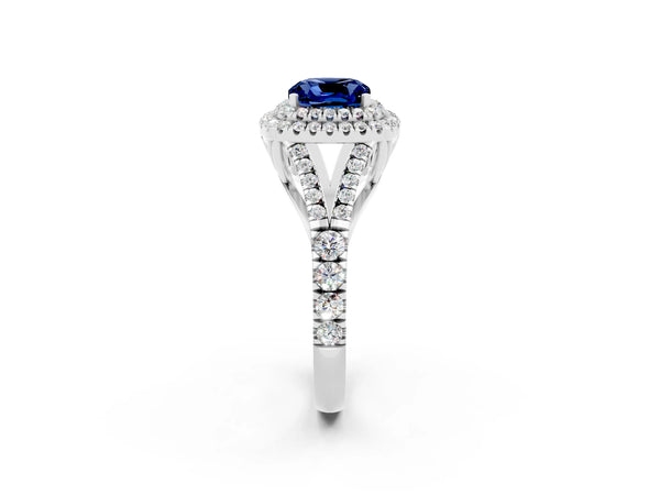 Platinum Double Halo Cushion Cut Blue Sapphire Split Shank Engagement Ring with Four-Prong Setting