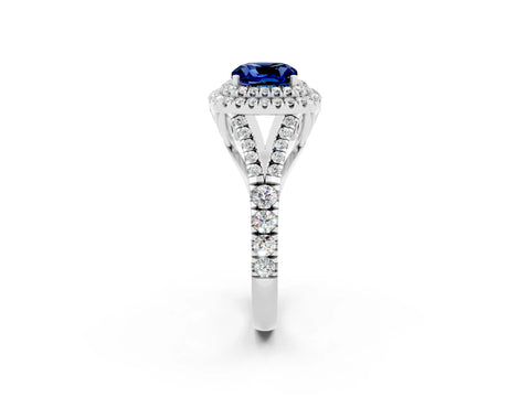 White gold Double Halo Cushion Cut Blue Sapphire Split Shank Engagement Ring with Four-Prong Setting_2