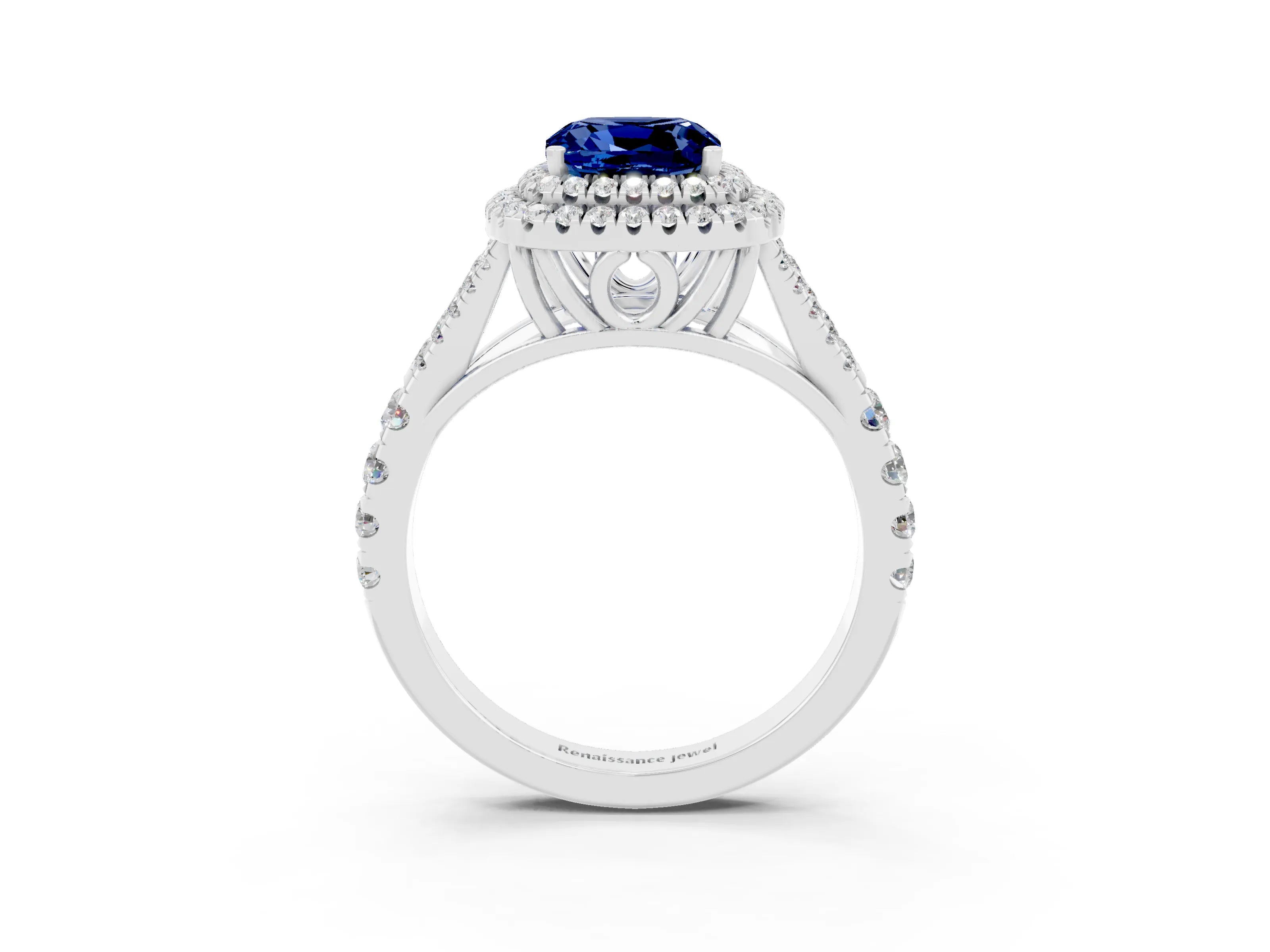White gold Double Halo Cushion Cut Blue Sapphire Split Shank Engagement Ring with Four-Prong Setting_3