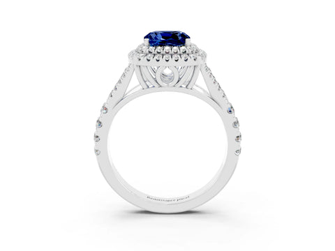 White gold Double Halo Cushion Cut Blue Sapphire Split Shank Engagement Ring with Four-Prong Setting_3