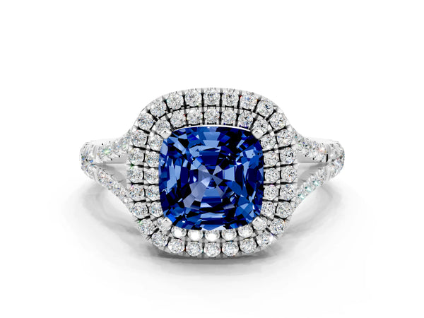 Silver Double Halo Cushion Cut Blue Sapphire Split Shank Engagement Ring with Four-Prong Setting