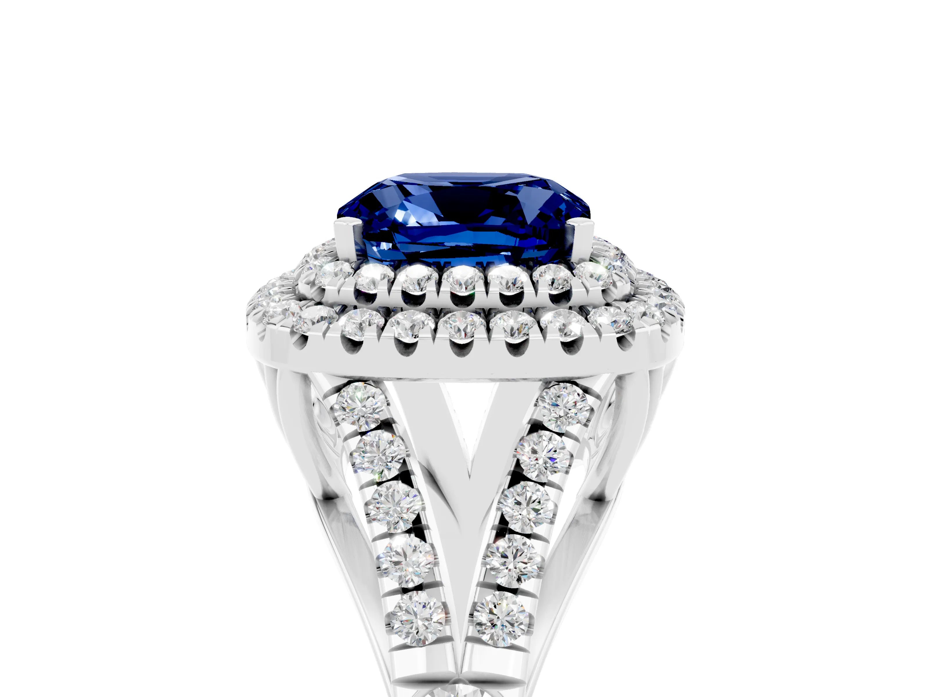 White gold Double Halo Cushion Cut Blue Sapphire Split Shank Engagement Ring with Four-Prong Setting_5