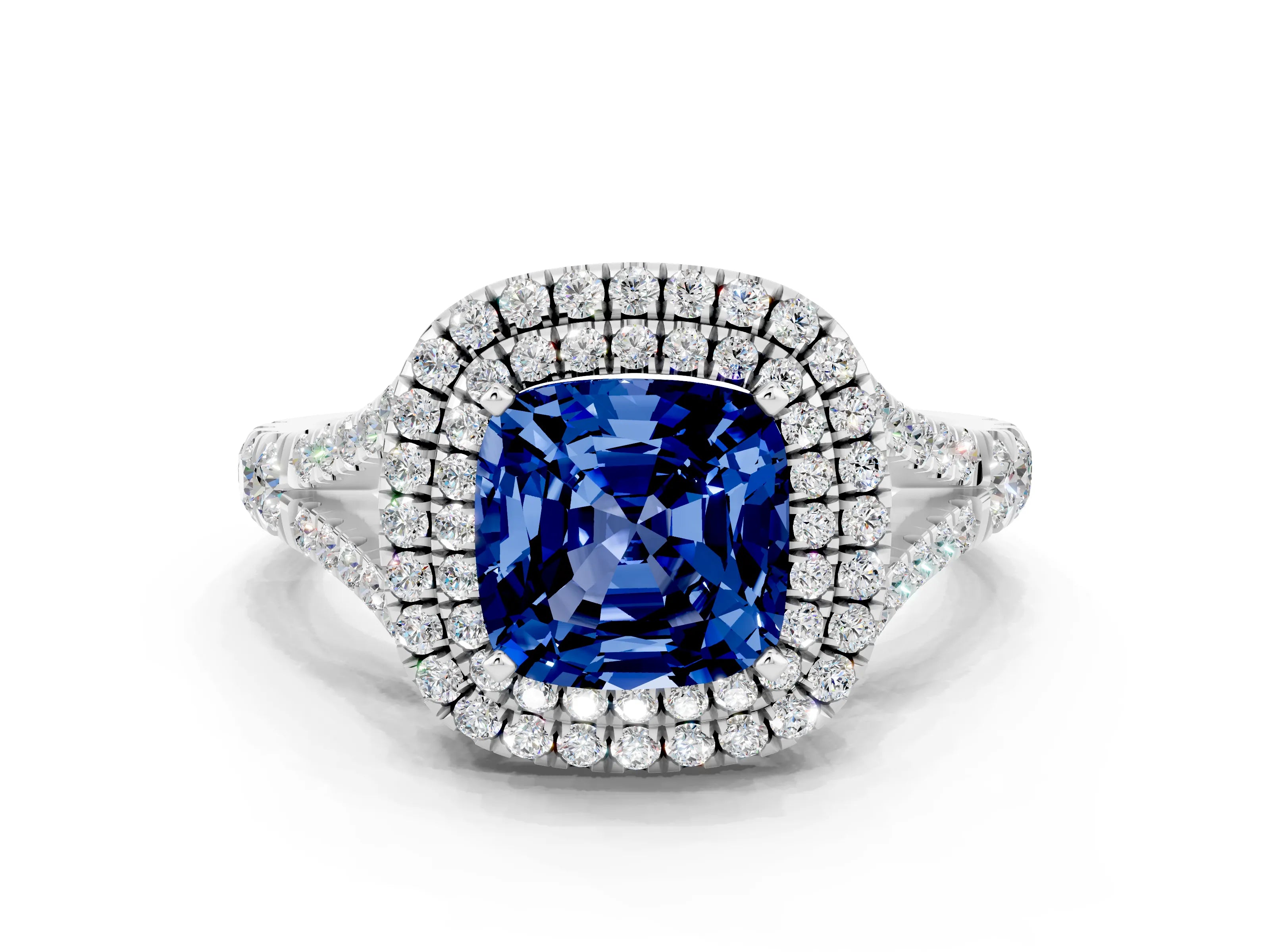 White gold Double Halo Cushion Cut Blue Sapphire Split Shank Engagement Ring with Four-Prong Setting