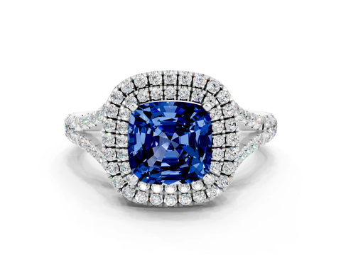 White gold Double Halo Cushion Cut Blue Sapphire Split Shank Engagement Ring with Four-Prong Setting