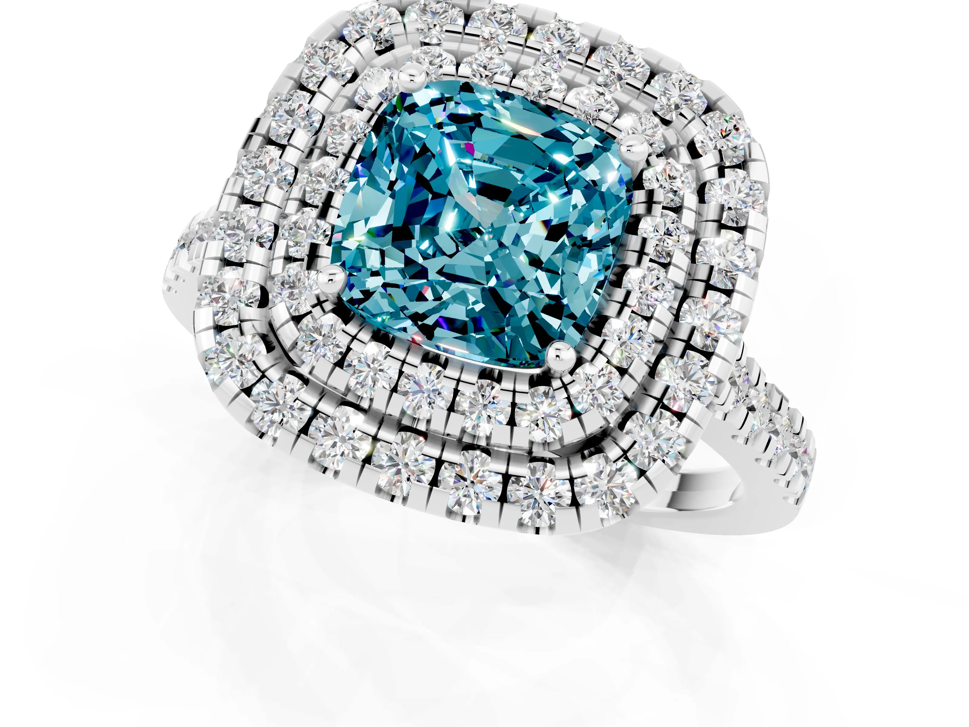 White gold Double Halo Cushion Cut Blue Topaz Pavé Band with Four-Prong Setting_1