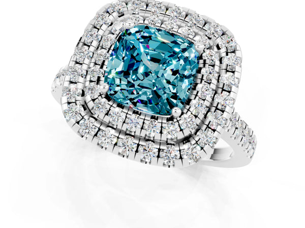 White gold Double Halo Cushion Cut Blue Topaz Pavé Band with Four-Prong Setting