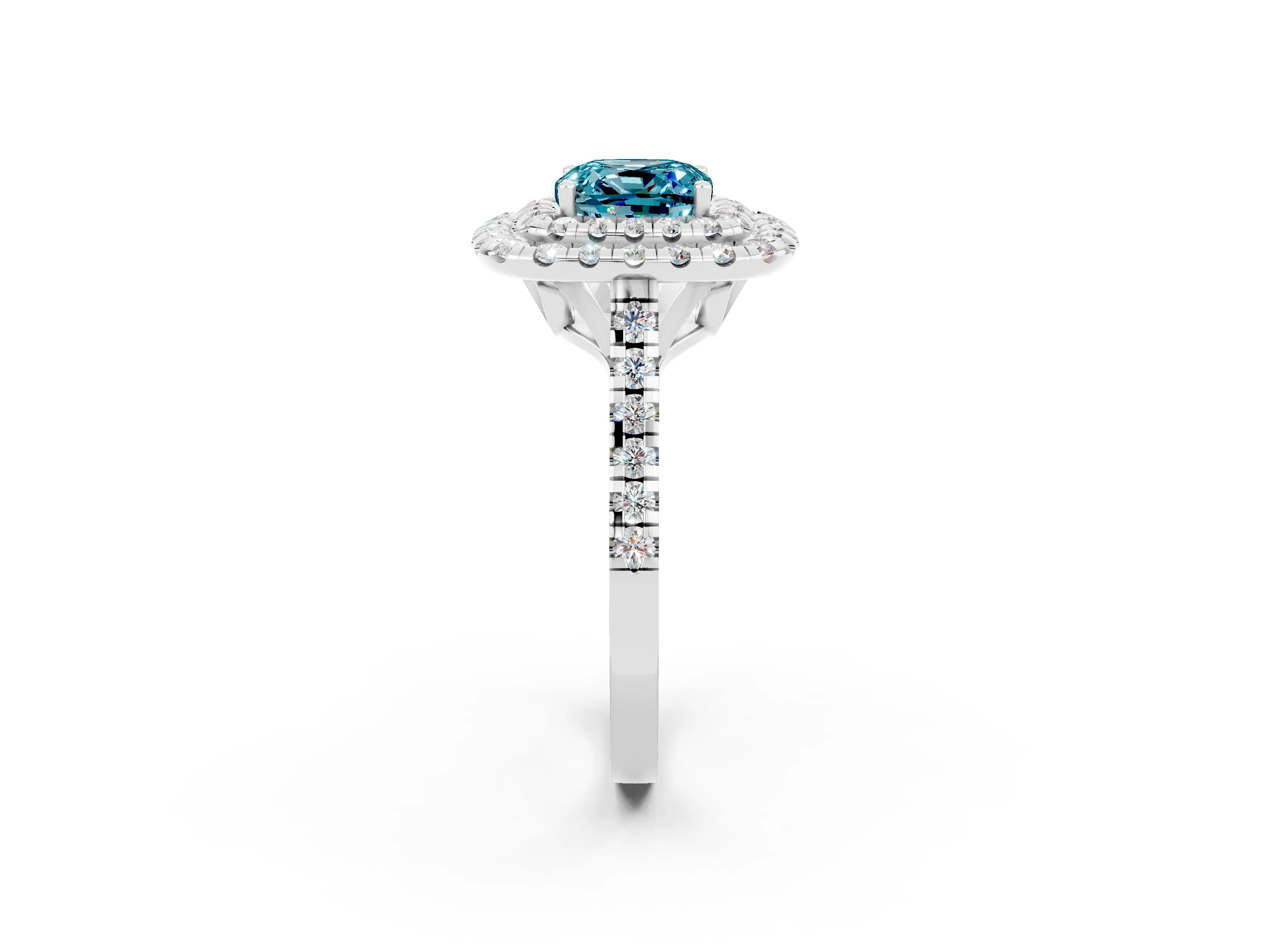 White gold Double Halo Cushion Cut Blue Topaz Pavé Band with Four-Prong Setting_2
