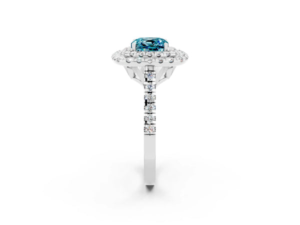 White gold Double Halo Cushion Cut Blue Topaz Pavé Band with Four-Prong Setting