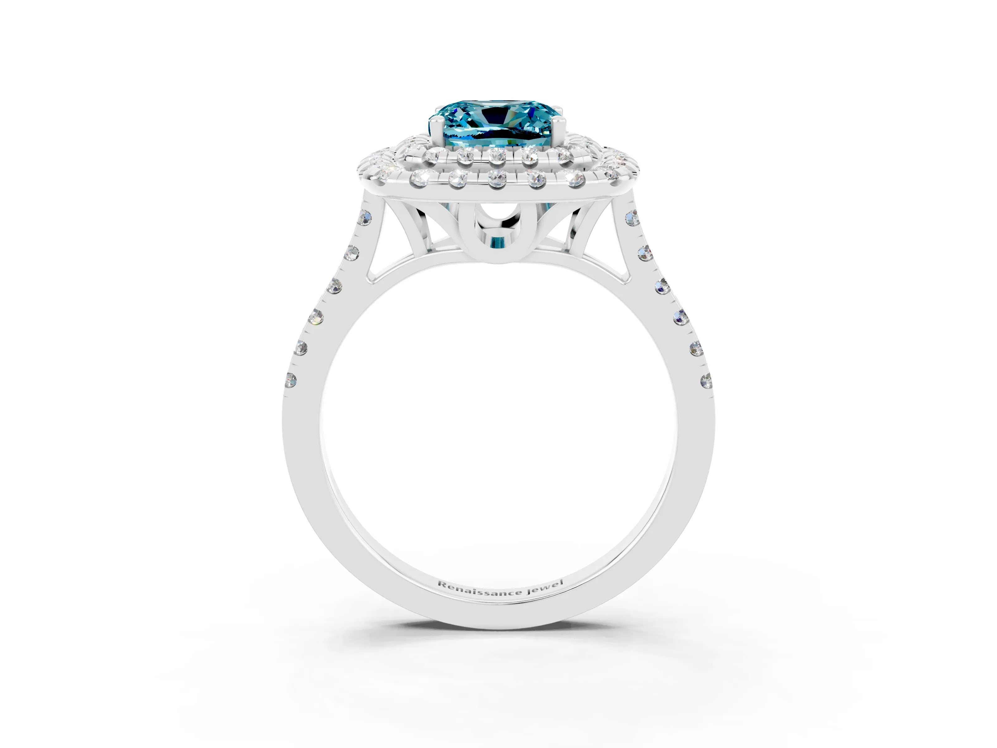 White gold Double Halo Cushion Cut Blue Topaz Pavé Band with Four-Prong Setting_3