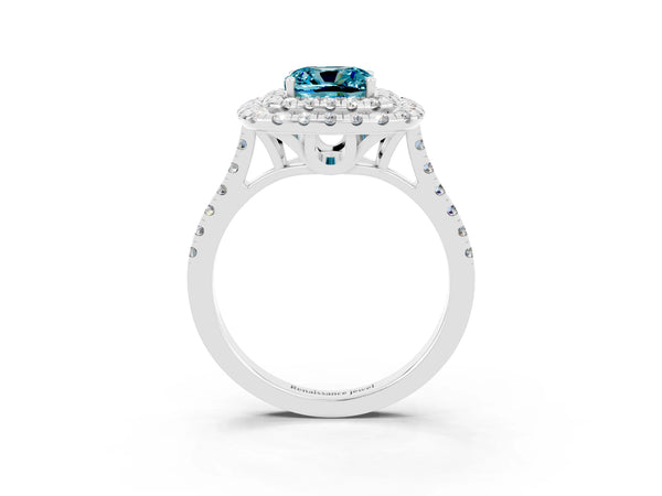 Silver Double Halo Cushion Cut Blue Topaz Pavé Band with Four-Prong Setting