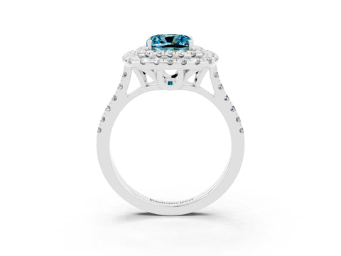 White gold Double Halo Cushion Cut Blue Topaz Pavé Band with Four-Prong Setting_3