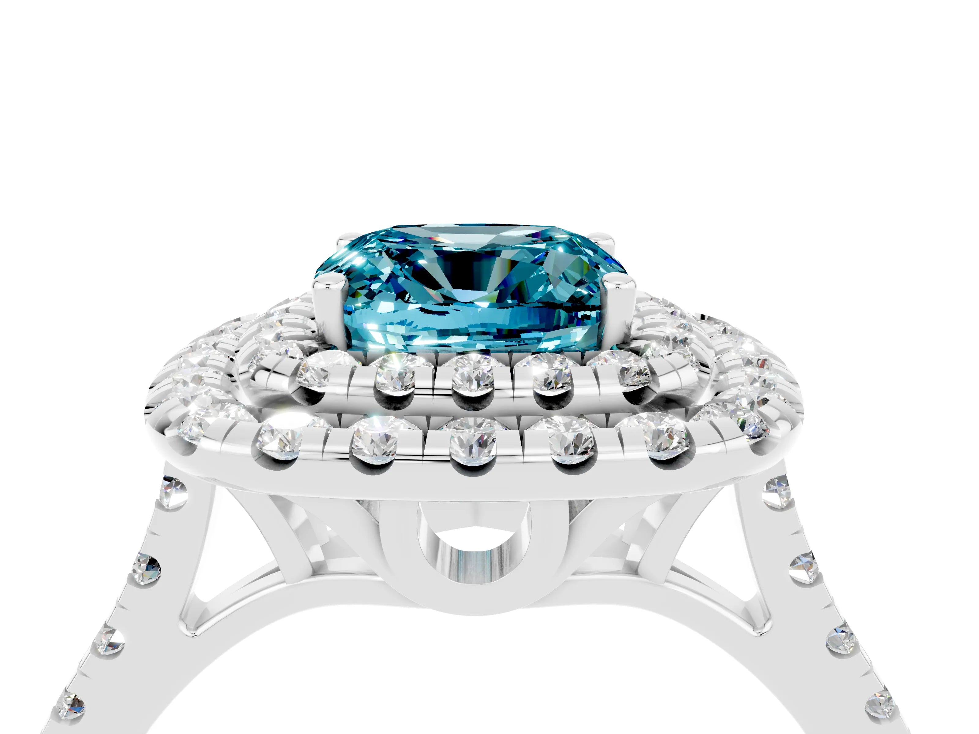White gold Double Halo Cushion Cut Blue Topaz Pavé Band with Four-Prong Setting_4