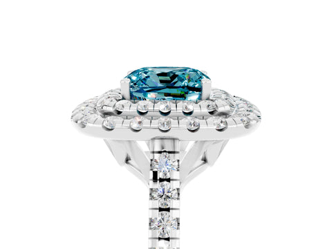 White gold Double Halo Cushion Cut Blue Topaz Pavé Band with Four-Prong Setting_5