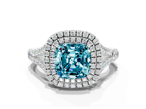 Platinum Double Halo Cushion Cut Blue Topaz Pavé Split Shank Ring with Prong Setting