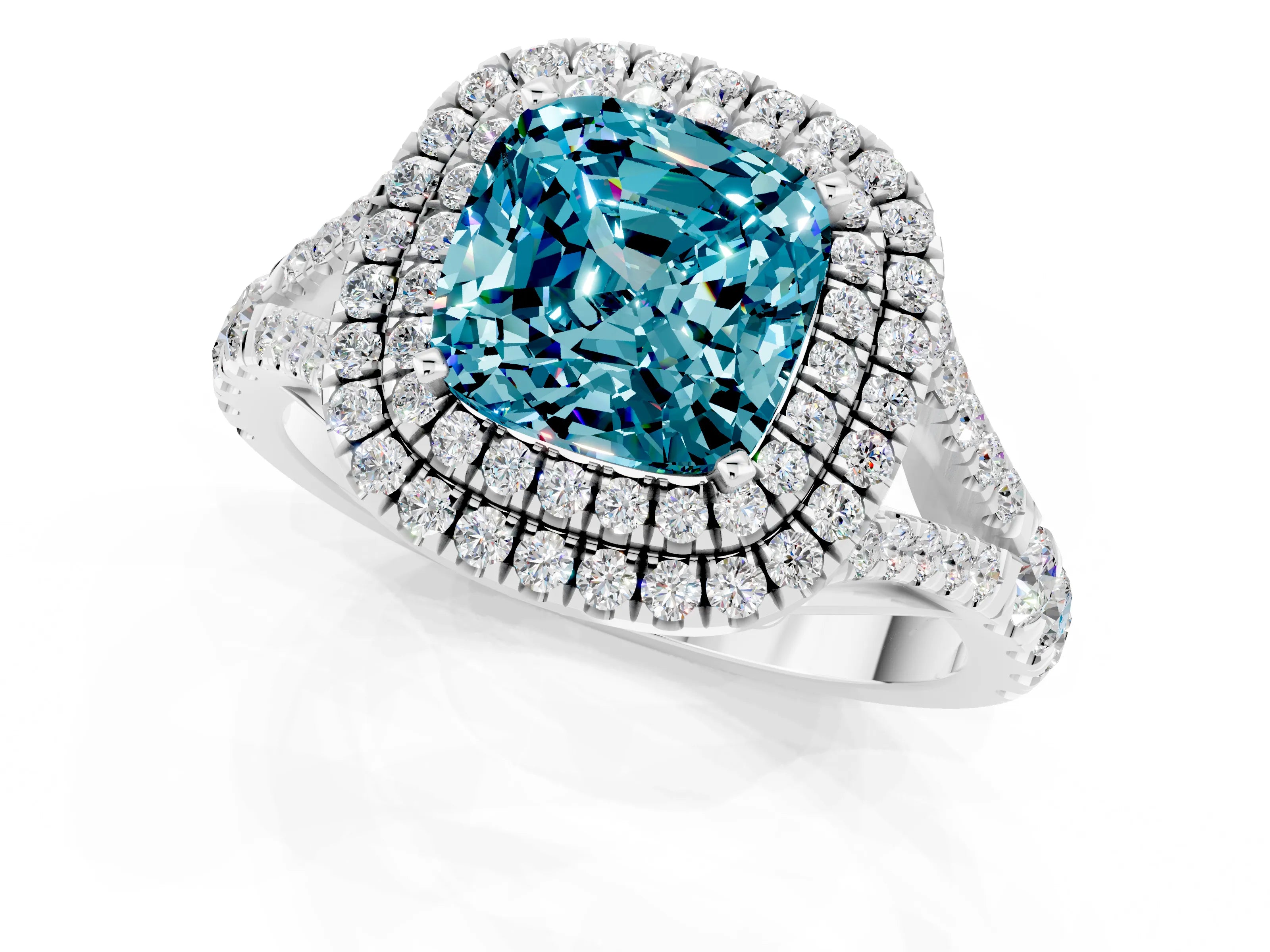 White gold Double Halo Cushion Cut Blue Topaz Pavé Split Shank Ring with Prong Setting_1
